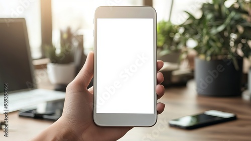A hand holds a white phone with a blank screen, perfect for displaying an ad. It's on a desk in an office, showing people using their phones for work, communication, and marketing.