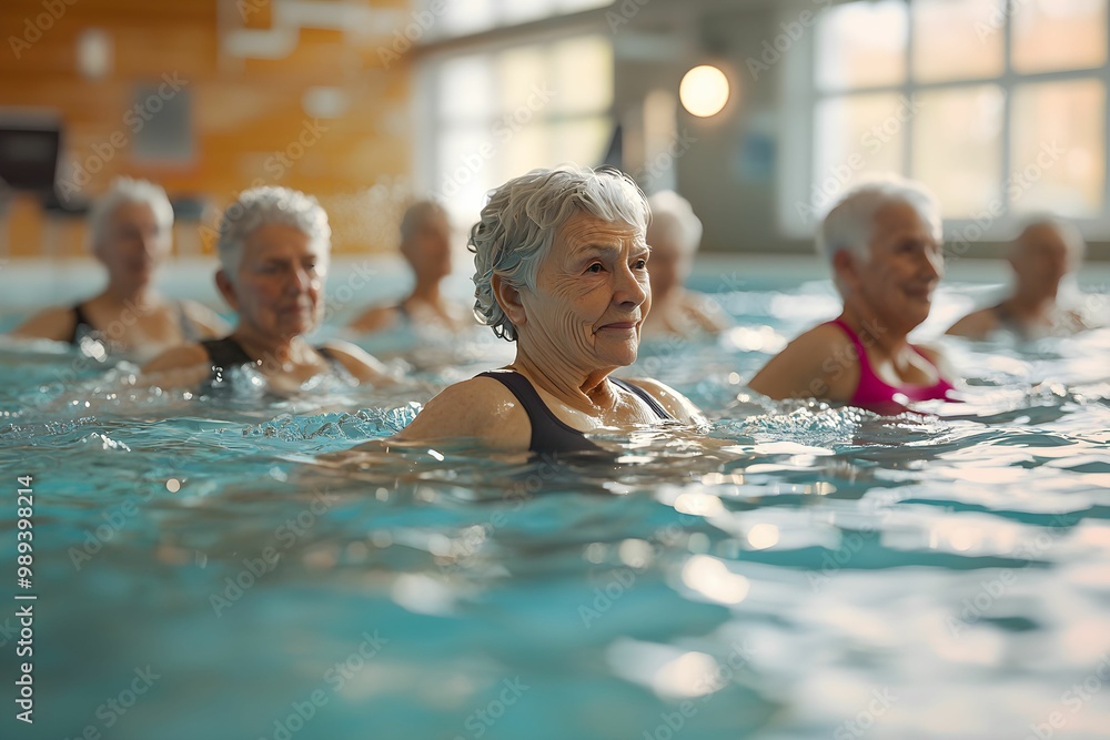 Fototapeta premium Senior women participating in water aerobics class at a pool