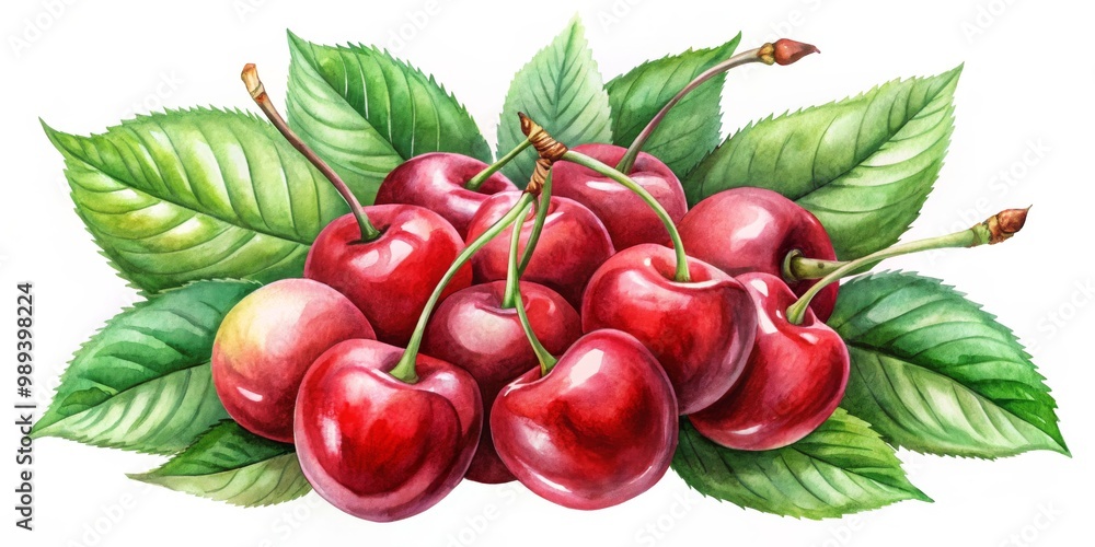 Watercolor Painting of Red Cherries with Green Leaves, cherry, watercolor painting Watercolor Painting of Red Cherries with Green Leaves, cherry, watercolor painting
