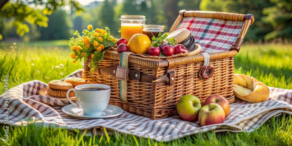 Wicker Picnic Basket Filled with Fresh Fruit and Drinks on a Checkered Blanket in a Lush Green Meadow, picnic , outdoor Wicker Picnic Basket Filled with Fresh Fruit and Drinks on a Checkered Blanket in a Lush Green Meadow, picnic , outdoor