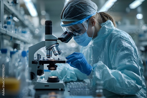 Scientist in lab with microscope and protective gear