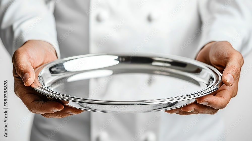 Chef holding empty stainless steel platter ready for food presentation Chef holding empty stainless steel platter ready for food presentation
