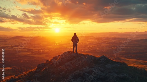 Silhouette of person standing on mountain peak at sunrise enjoying the view