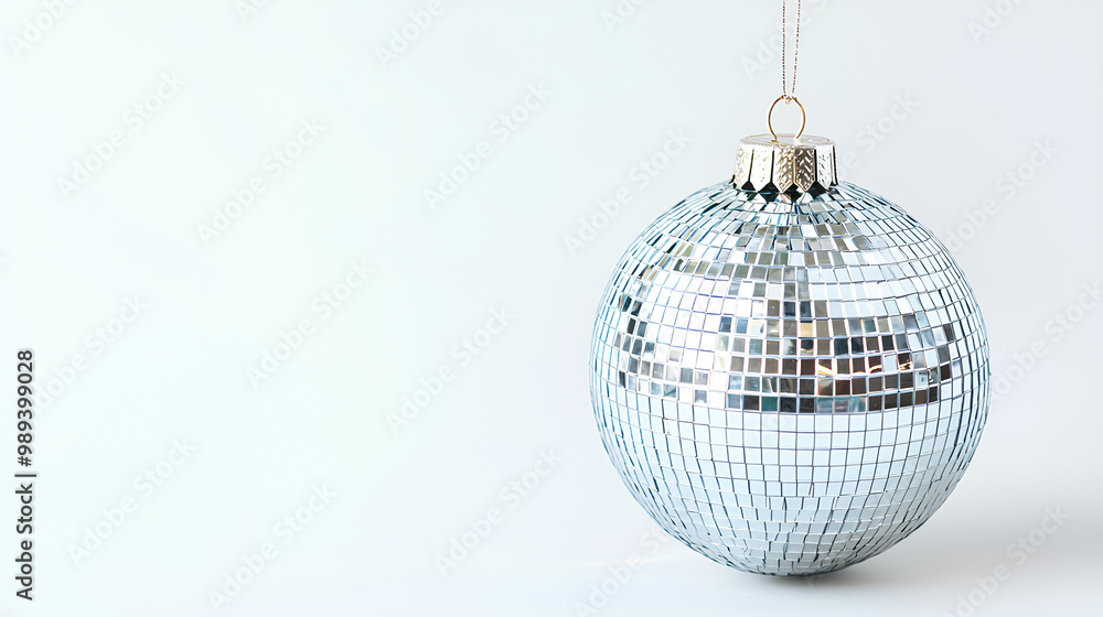 Fototapeta premium Silver disco ball is hanging from a string