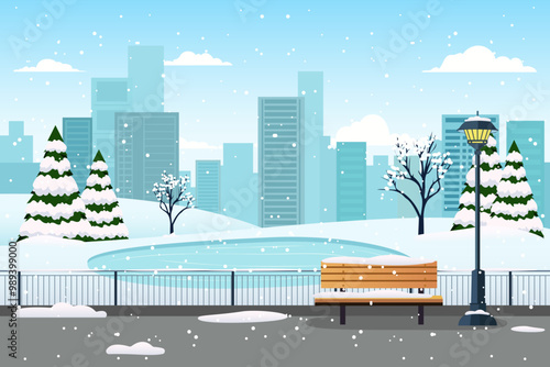 Winter city park. A bench in a beautiful city park among snow-covered trees and a pond, skyscrapers and buildings. The concept of a comfortable and environmentally friendly city. Christmas time.