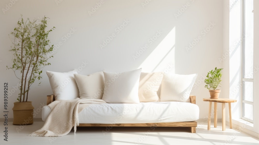 Cozy minimalist living room featuring textured white sofa, wooden side table, and natural light Cozy minimalist living room featuring textured white sofa, wooden side table, and natural light