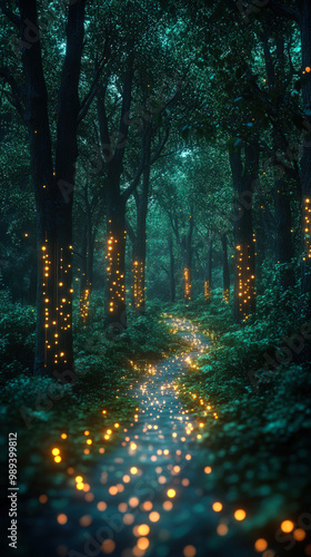 Enchanting Forest Path Illuminated by Glowing Lights
 photo