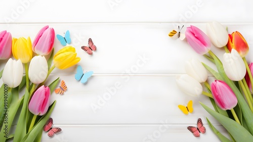 Colorful Easter Tulips & Butterflies on White Wood