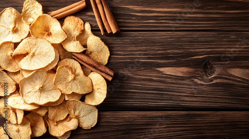 A scattering of dried apple chips and cinnamon sticks, set against a dark brown wooden background for a cozy, autumnal look