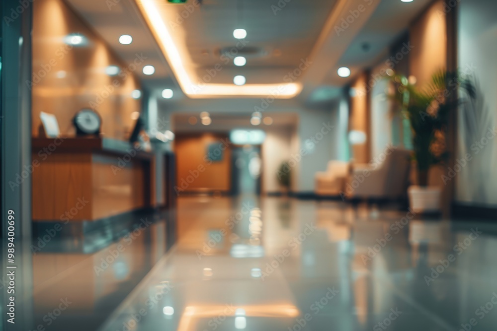 A long hallway with a few potted plants and a few lights, generative ai image A long hallway with a few potted plants and a few lights, generative ai image