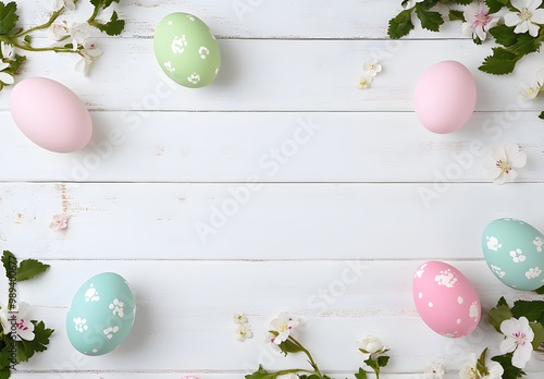 Easter Eggs and Flowers on White Wooden Background