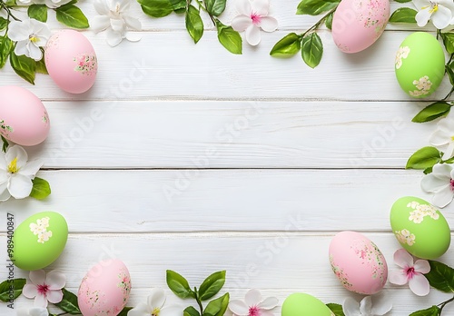 Easter Eggs and Flowers on White Wood Background