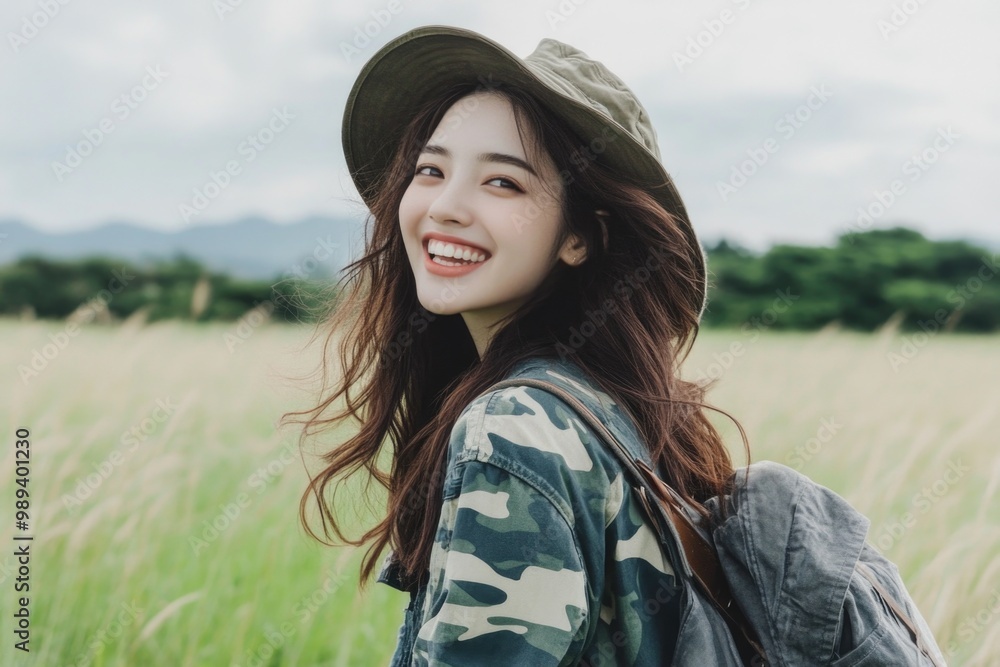 Adventurous young woman smiling in field with backpack and hat Adventurous young woman smiling in field with backpack and hat