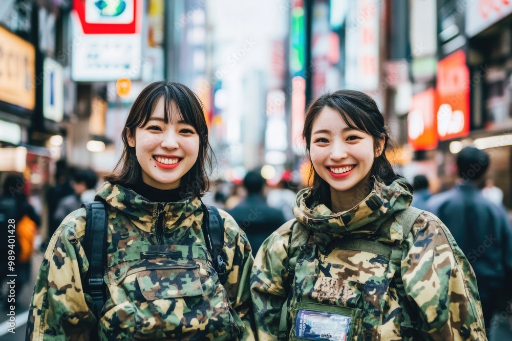 Fototapeta premium Smiling friends in camouflage outfits exploring vibrant urban streets