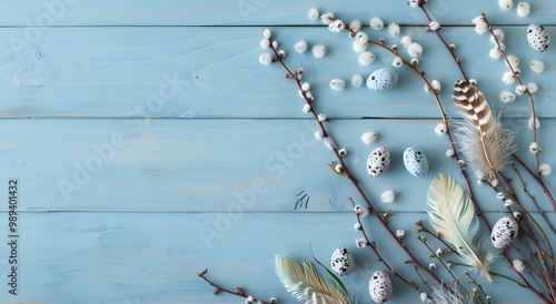 Easter Willow Branches, Eggs & Feathers on Blue Wood
