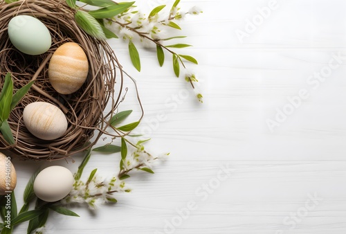 Easter Eggs Nest With Willow Branches On White Wood