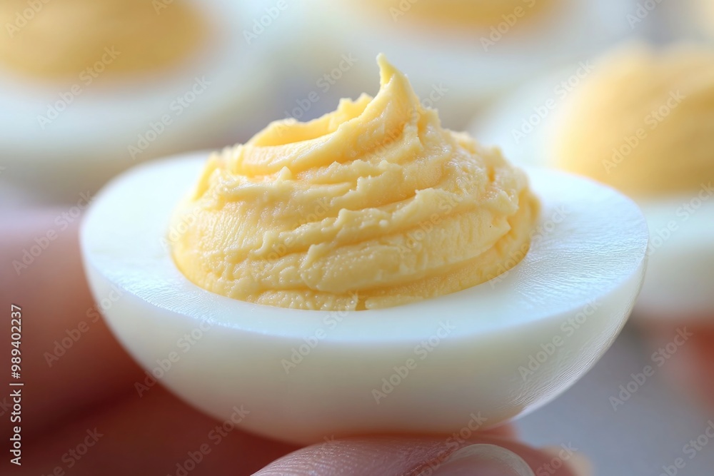 Close-up of hand holding creamy deviled egg with elegant swirl Close-up of hand holding creamy deviled egg with elegant swirl