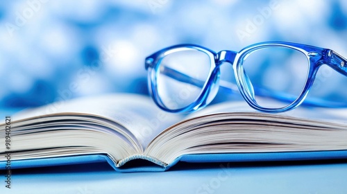 Glasses resting on an open book with a blurred blue background, ideal for reading and education themes. photo