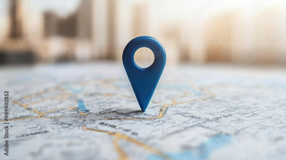Navigational blue location pin on city map in urban setting Navigational blue location pin on city map in urban setting