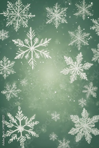 Obraz na płótnie Silvery Light Green Christmas Background with Snowflakes, Creating an Atmosphere of Freshness w salonie