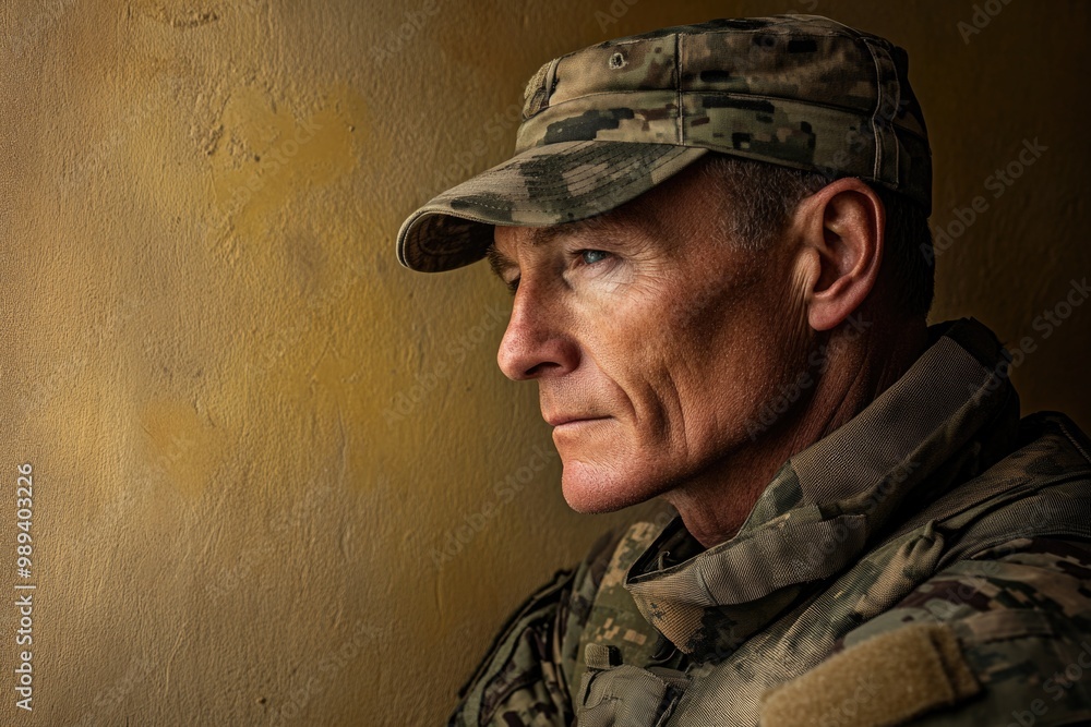 Determined soldier in camo gear looking through window in training facility Determined soldier in camo gear looking through window in training facility