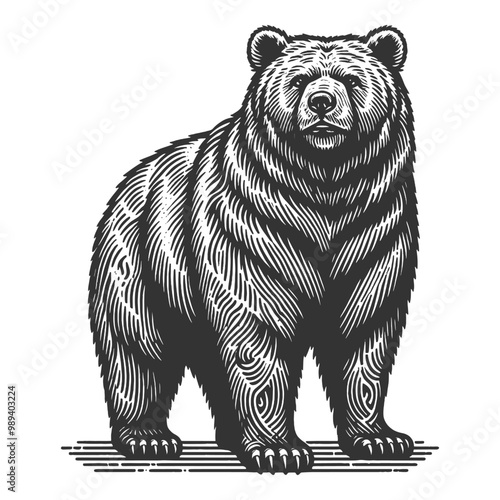 grizzly bear, showcasing its strength and majesty in a classic engraving style sketch engraving generative ai vector illustration. Scratch board imitation. Black and white image.