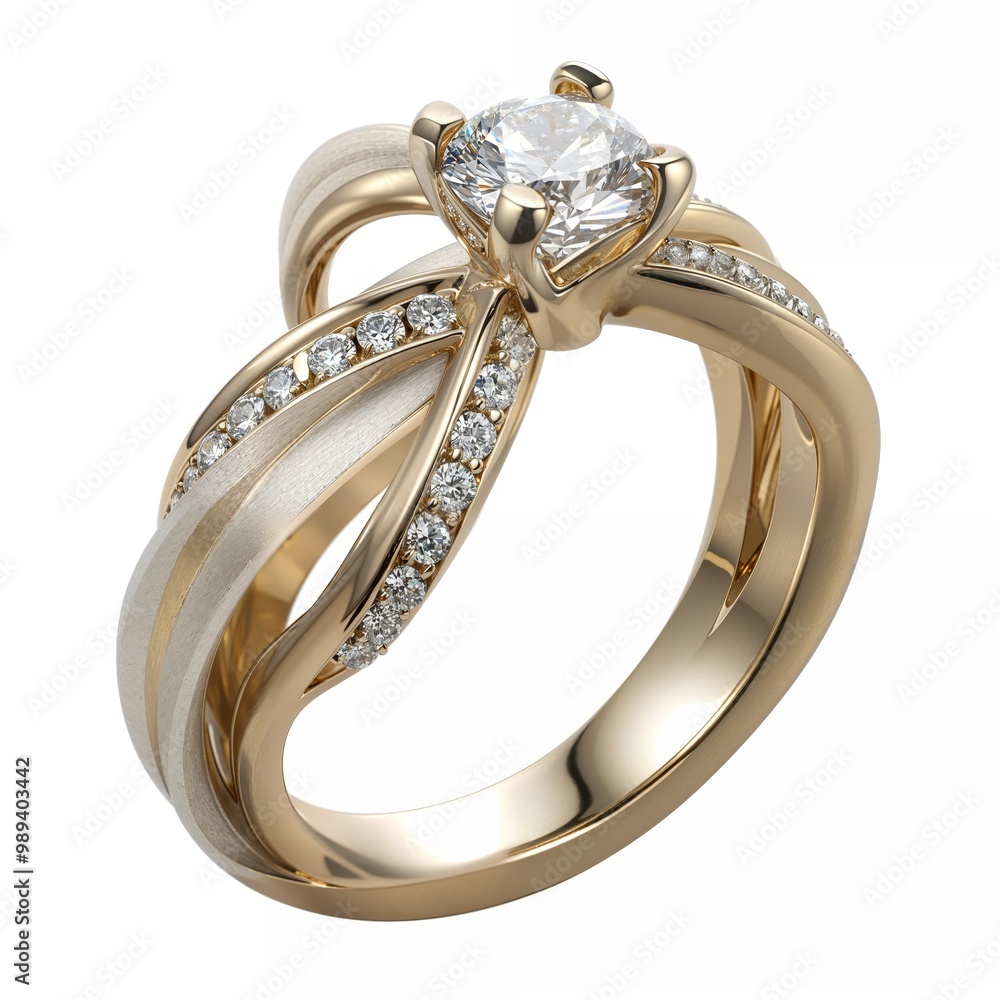 Elegant diamond engagement ring with gold and silver bands. white background Elegant diamond engagement ring with gold and silver bands. white background