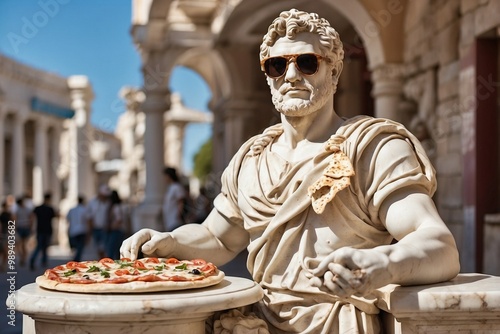 Greco-Roman Statue of a Man Wearing Sunglasses Holding a Slice of Pizza, Crafted from Greek Marble, Representing Unique Pizzeria Advertising. photo