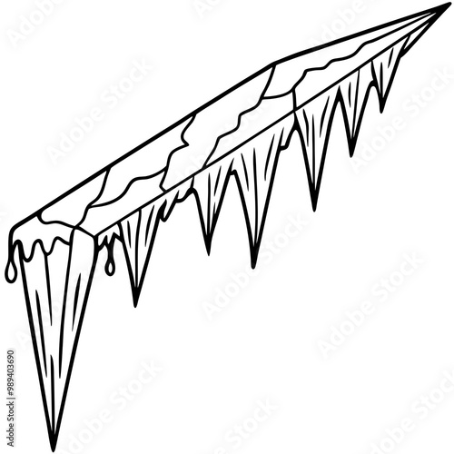 A long, pointed icicle hanging down with sharp, clean lines and a dripping effect line art vector