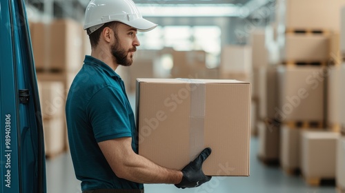 Man wearing helmet handles a cardboard box in a warehouse.