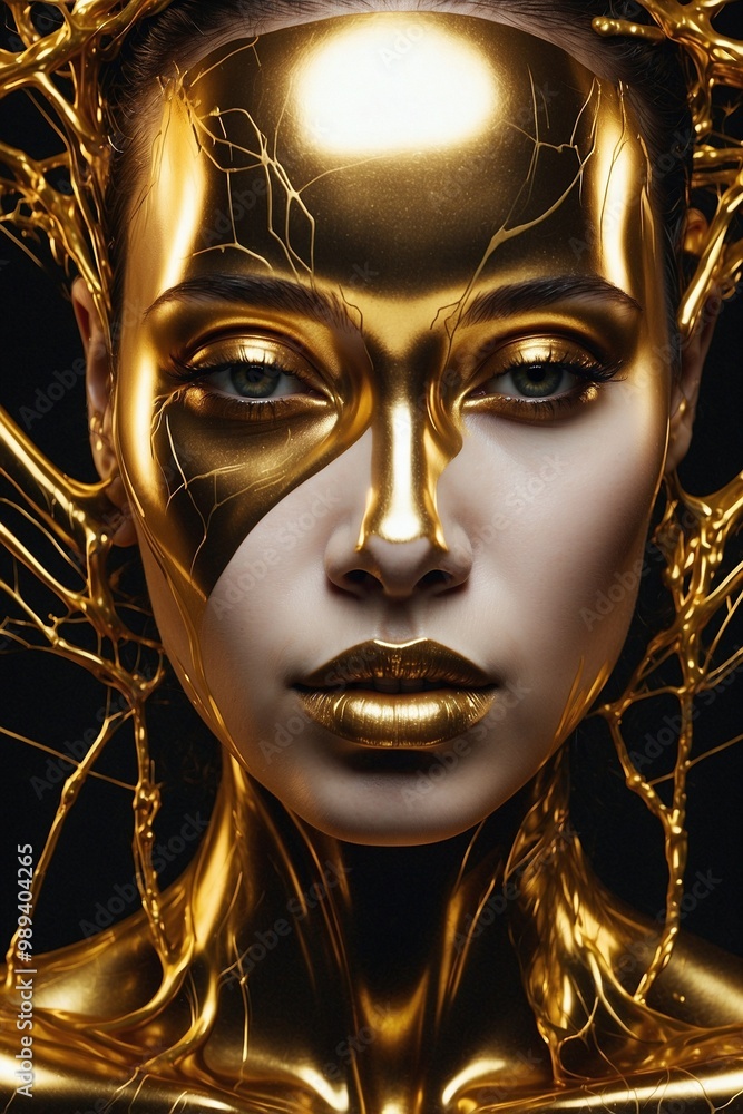 Woman Face Painted in Gold on Black Background with Liquid Polished Metal Effect Woman Face Painted in Gold on Black Background with Liquid Polished Metal Effect
