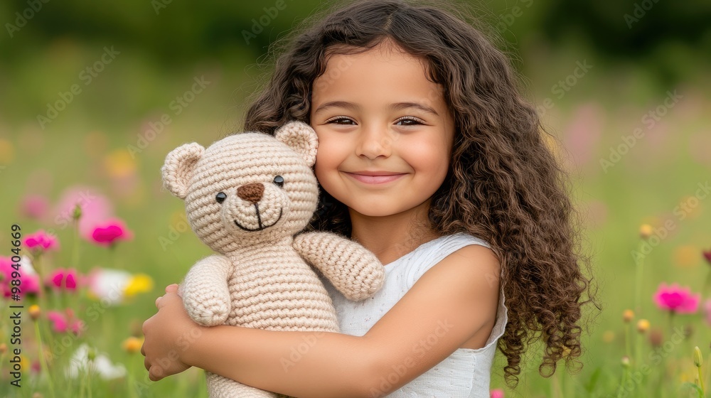 A young girl with curly hair joyfully hugs her yarn teddy bear in a vibrant flower field, smiling with pure delight on a sunny day A young girl with curly hair joyfully hugs her yarn teddy bear in a vibrant flower field, smiling with pure delight on a sunny day