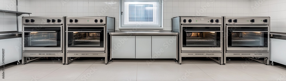 Obraz premium Modern commercial kitchen with multiple ovens and stainless steel fixtures, designed for efficiency and functionality.