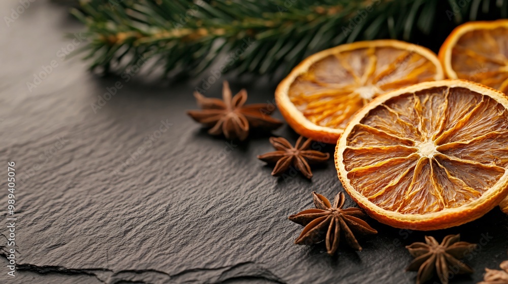 Dried orange slices and star anise, arranged on a dark slate background with soft lighting for a festive, fragrant composition Dried orange slices and star anise, arranged on a dark slate background with soft lighting for a festive, fragrant composition