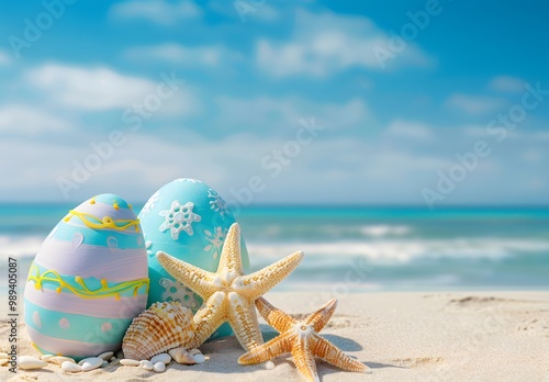 Easter Eggs & Starfish on Sandy Beach