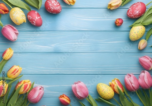 Easter Eggs and Tulips Frame on Blue Wood