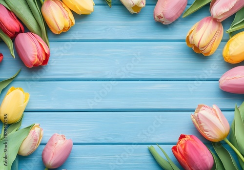 Colorful Tulips Frame on Blue Wooden Background