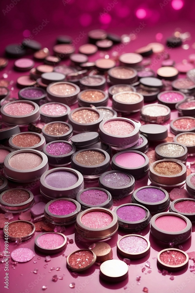 Variety of Colorful Eyeshadows on a Pink Background Topped with Crystals and Glitter Variety of Colorful Eyeshadows on a Pink Background Topped with Crystals and Glitter
