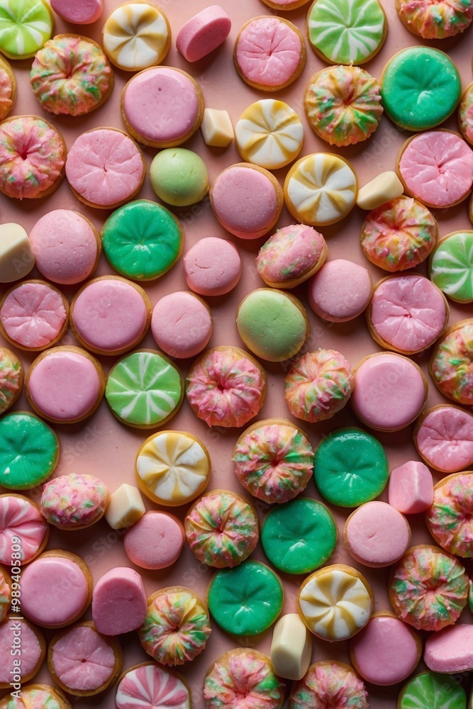 Variety of Different Candies Set Against a Cute Bakery Background in Pink and Green Tones Variety of Different Candies Set Against a Cute Bakery Background in Pink and Green Tones