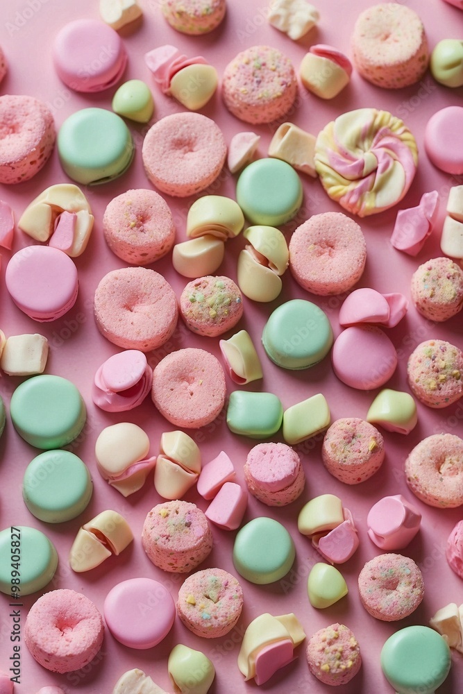 Fototapeta premium Variety of Different Candies Set Against a Cute Bakery Background in Pink and Green Tones