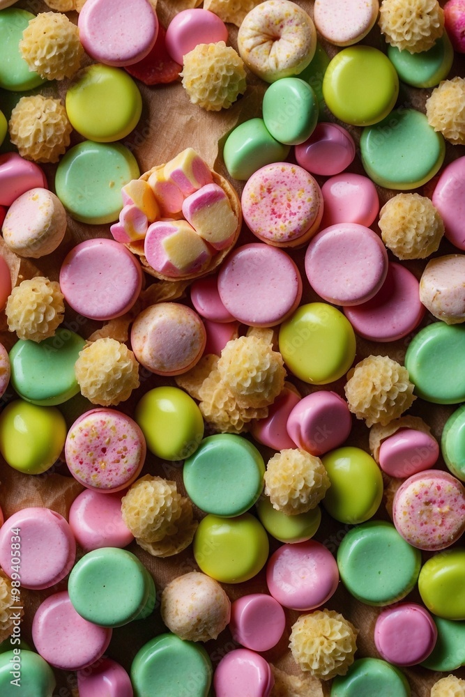 Fototapeta premium Variety of Different Candies Set Against a Cute Bakery Background in Pink and Green Tones