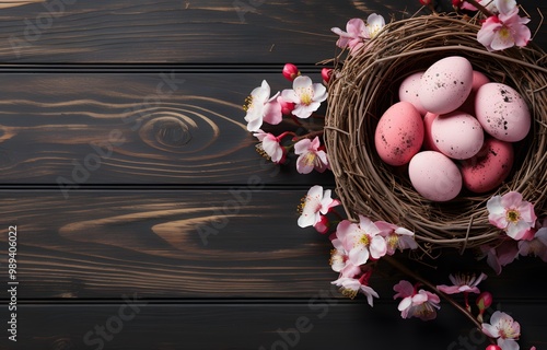 Easter Eggs Nest with Flowers on Wooden Background photo