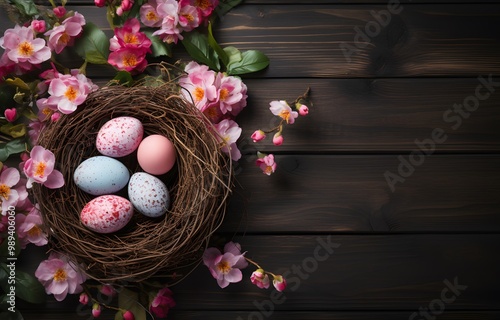 Easter Eggs Nest Spring Flowers Wooden Background