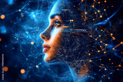 A conceptual image illustrating the interplay between human cognition and artificial intelligence. It features face merging with a robotic representation of a brain, fusion of human and AI abilities photo