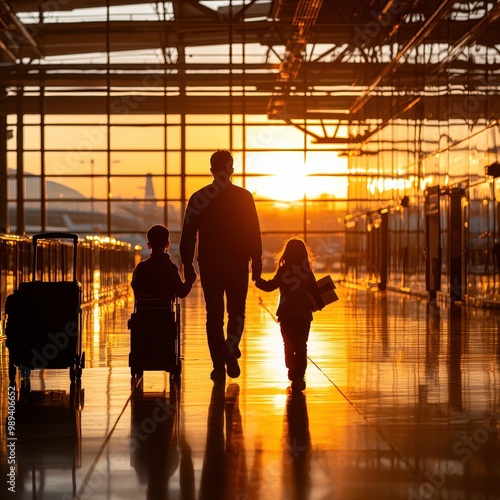 Silhouette of a family walking through an airport at sunset, holding hands, with luggage in tow.