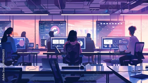 Illustrate a dynamic and futuristic workspace where diverse professionals are collaboratively using generative AI tools on their computers. 