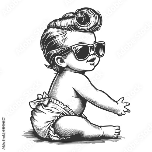 baby in sunglasses and pompadour hairstyle, playful and retro cool vibe with a rockabilly style sketch engraving generative ai vector illustration. Scratch board imitation. Black and white image.