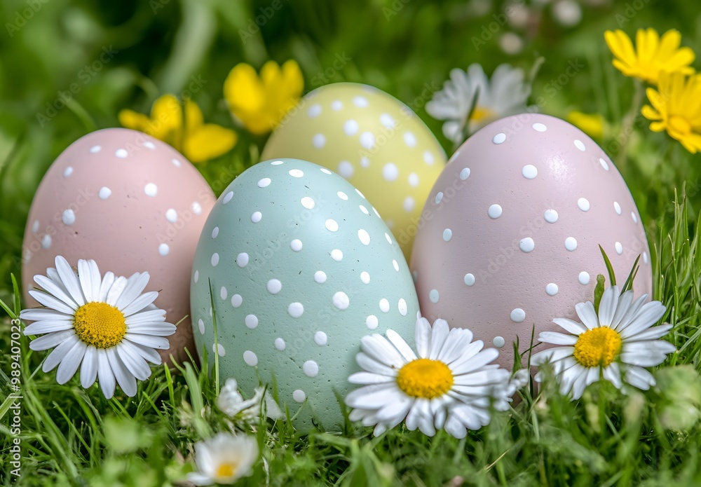Pastel Easter Eggs with White Dots in Grass Pastel Easter Eggs with White Dots in Grass