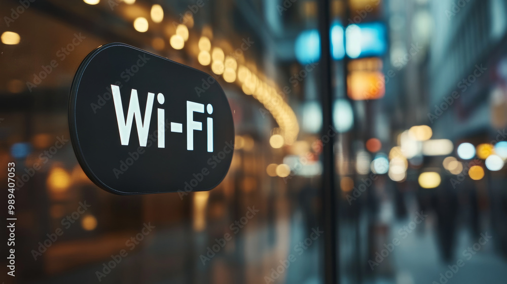 Wi-Fi sign in a city street with blurry lights in the background Wi-Fi sign in a city street with blurry lights in the background
