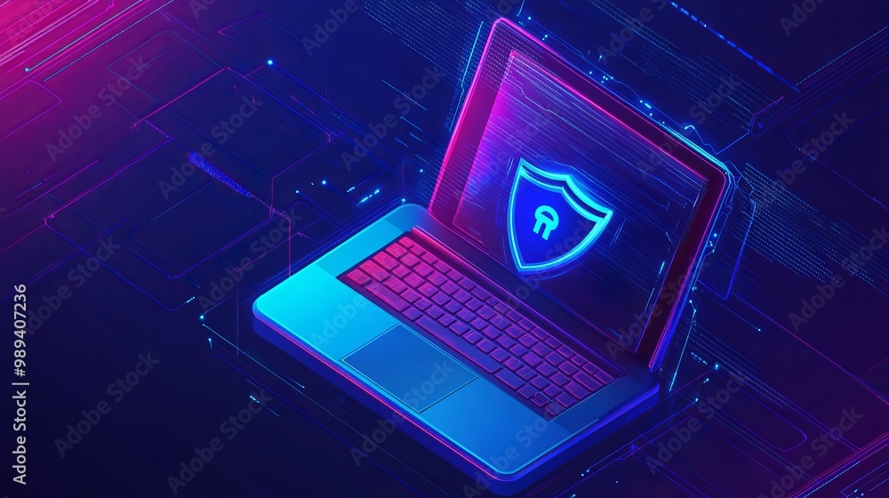 A reliable support poster with a laptop displaying a blue shield, symbolizing antivirus protection against hacker attacks, designed as a neon isometric landing webpage illustration A reliable support poster with a laptop displaying a blue shield, symbolizing antivirus protection against hacker attacks, designed as a neon isometric landing webpage illustration